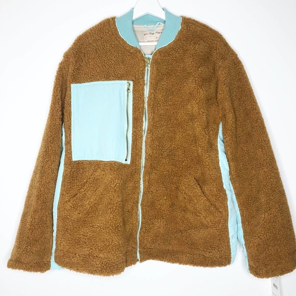 FREE PEOPLE We The Free Brown Sherpa Jacket with Aqua Trim - Size M - Picture 4 of 8